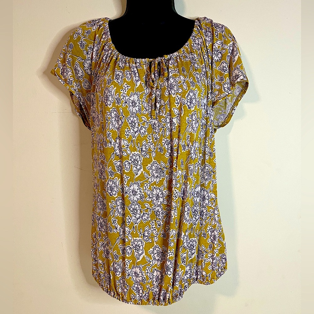 Mustard and purple floral print peasant shirt with flutter sleeves